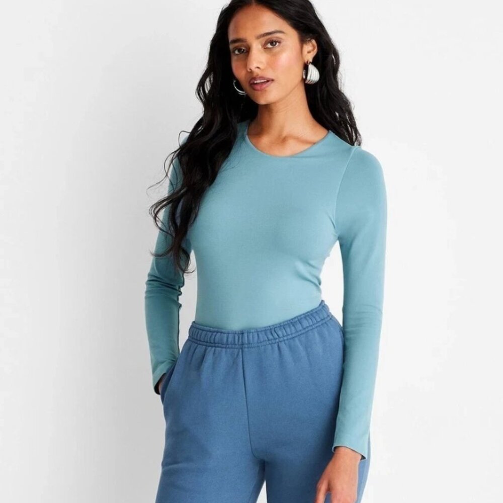 A New Day Women Small Teal Long Sleeve Seamless Bodysuit Slim Jersey Lightweight